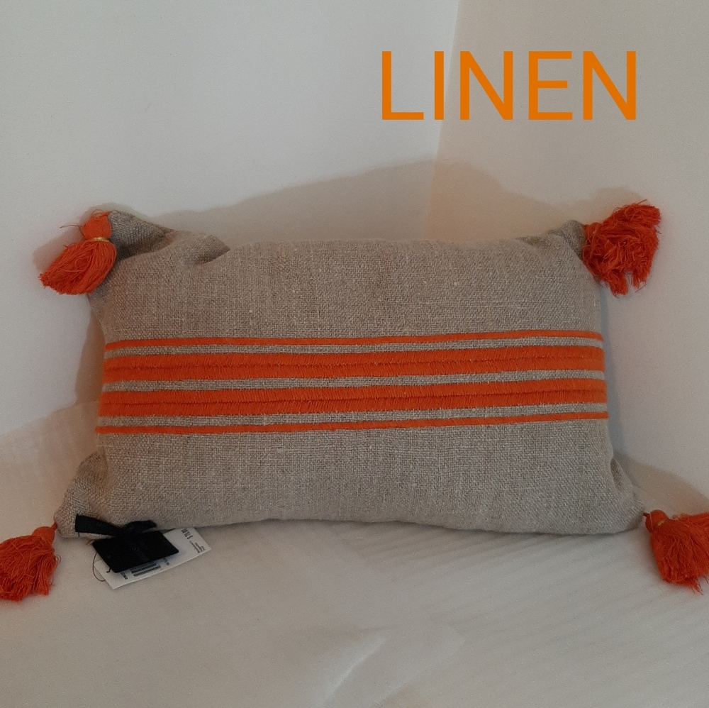 Magaschoni Orange Embroidered Pillow 100% Linen 12 x 21" insert included
